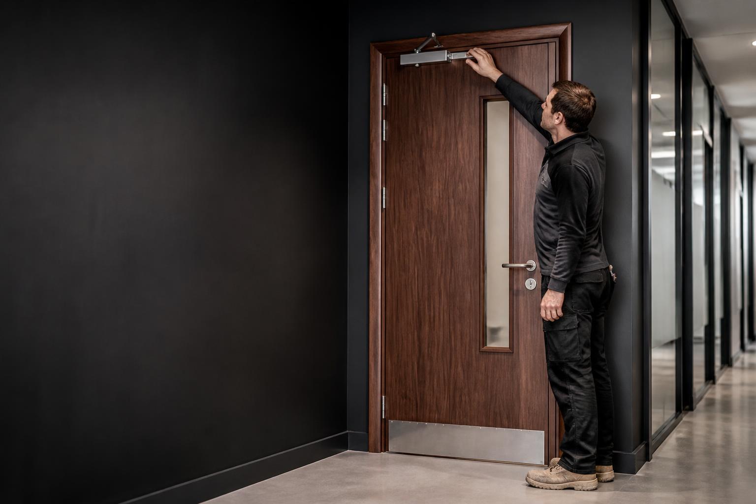 Installer checking the closer on a commercial timber fire door in a Nottingham office