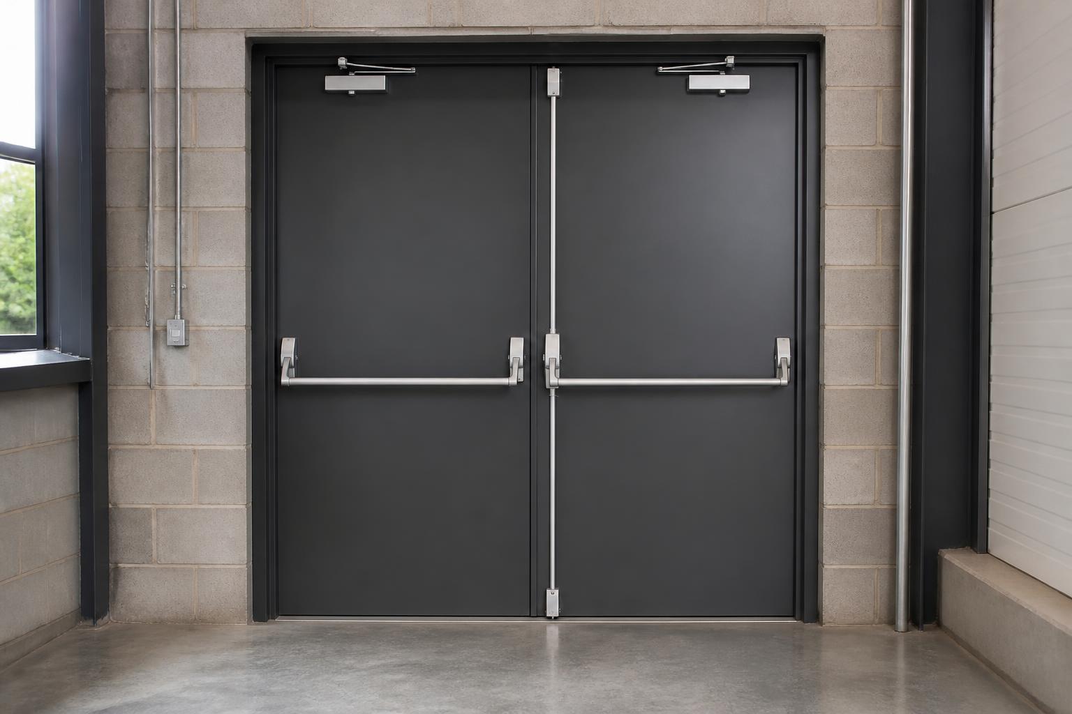 Double steel fire exit doors with panic bars in a commercial building